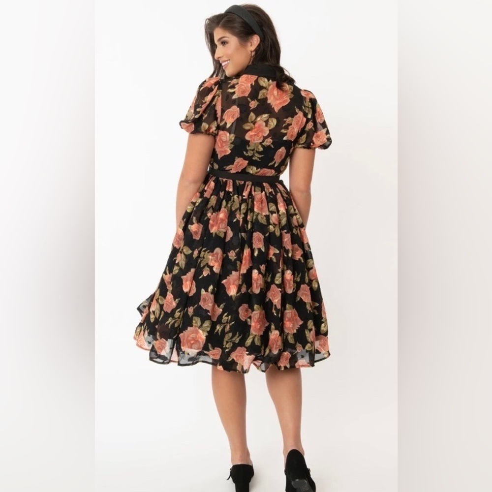 Unique Vintage Black Floral Fit-and-Flare Dress with Peach Roses - Picture 4 of 13